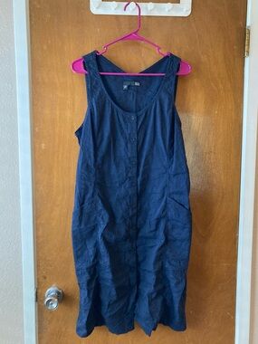 Eileen Fisher Navy Sleeveless Button-Front Linen Dress